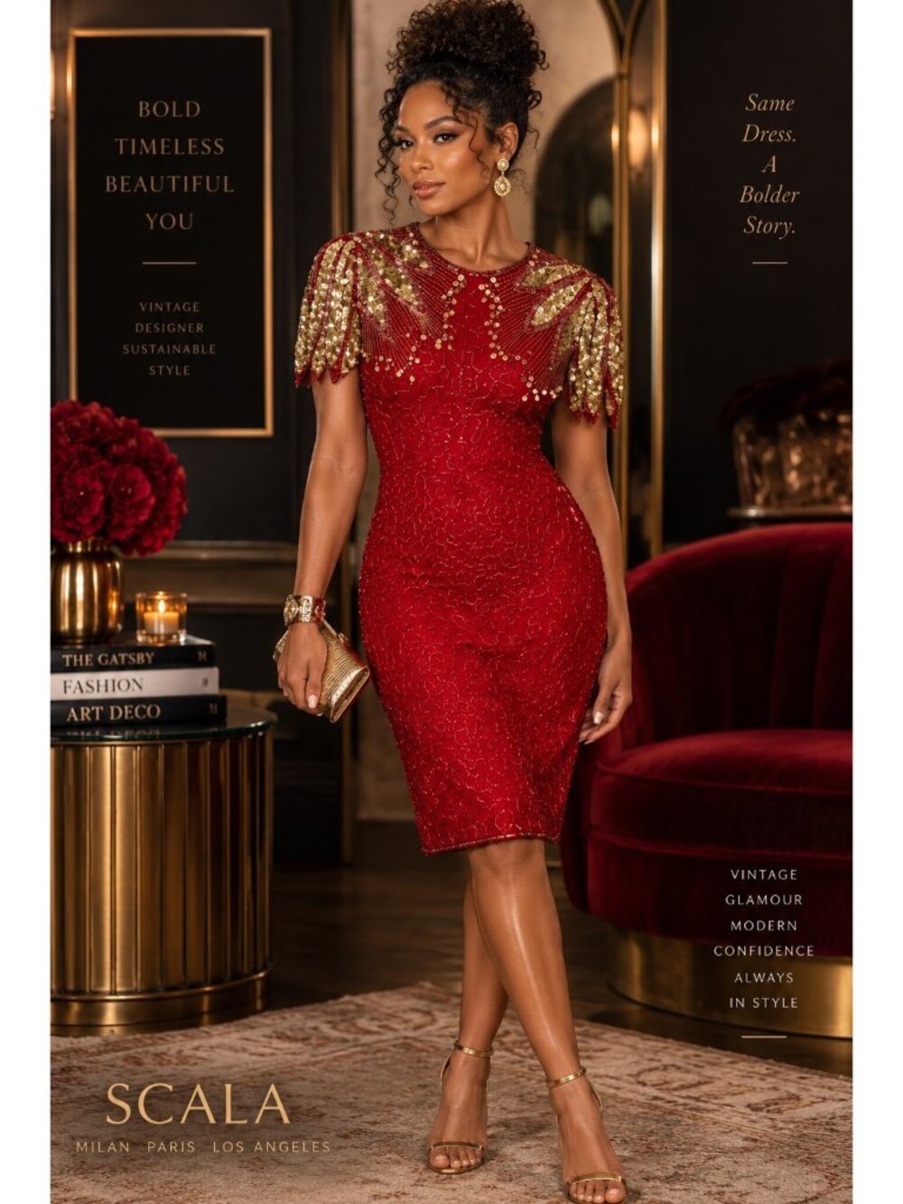 Scala Red Silk Beaded Sequin Dress P/S Art Deco Old Hollywood Cocktail Party